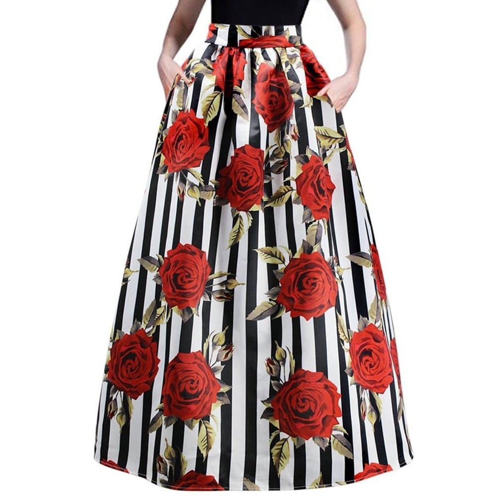 (B5) Women Black White Red Rose Floral High Waist Satin Maxi Skirt Pockets M